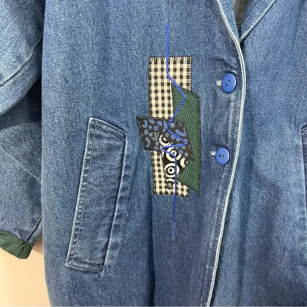 Vintage Denim Applique Created By Connie Oversized Long Trench Coat Size XS